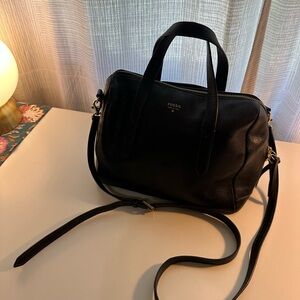 Fossil Black Leather Satchel with Crossbody Strap